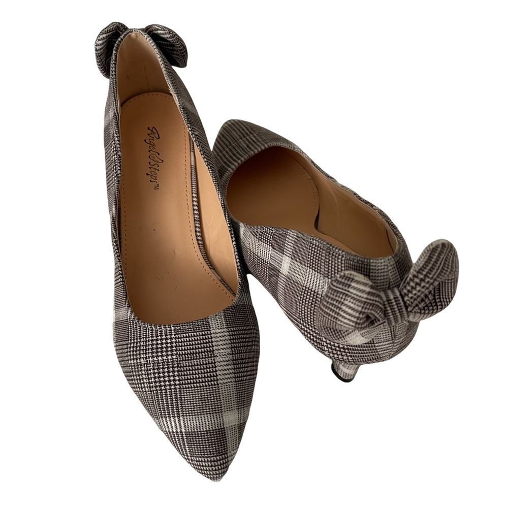 NWOT ANGEL STEPS Brown and Cream Plaid Fabric Pump Heels. Size 8.5